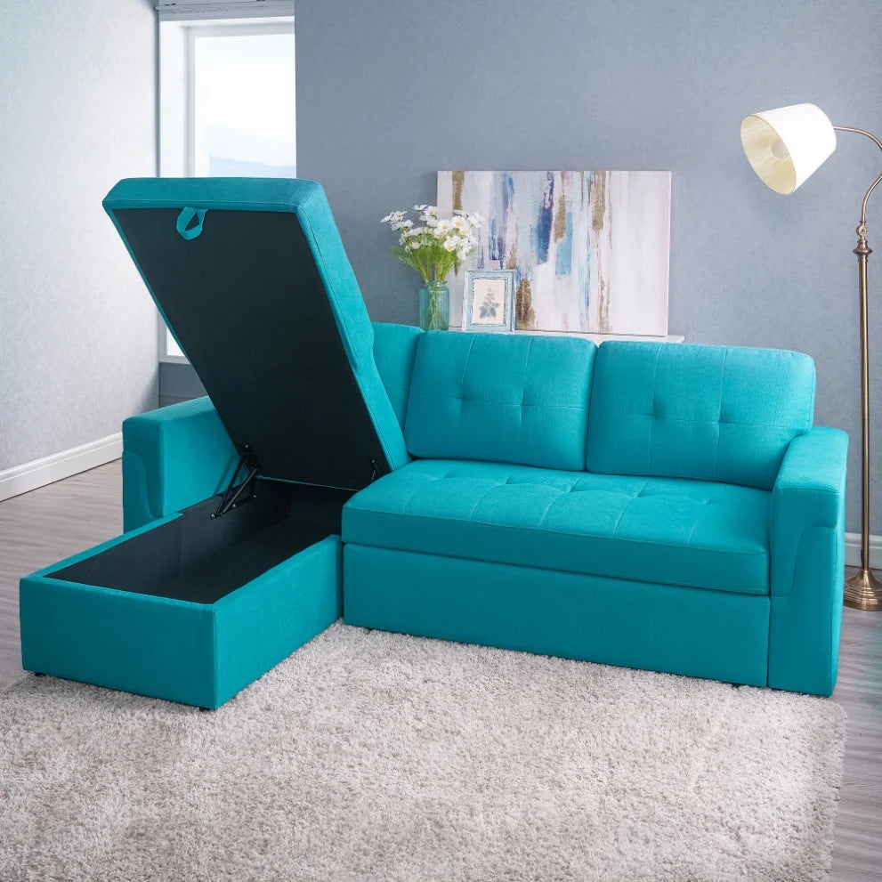 Teal Velvet Reversible Sleeper Sectional Sofa V491