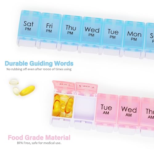 Large 7 Day Pill Organizer 2 Times a Day, AM PM Pill Box, 14 Dividers Vitamin Holder with Push Button M126