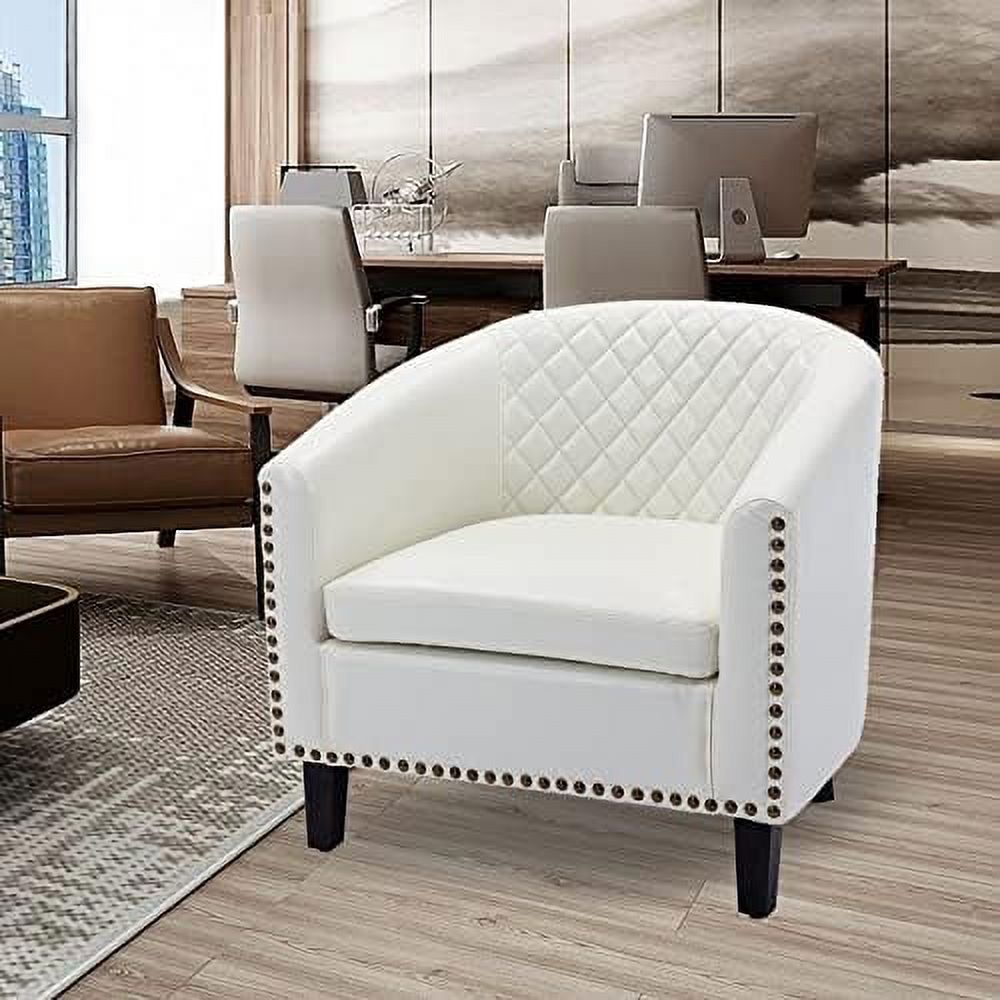 White Faux Leather Barrel Club Chair with Solid Wood Legs Q8621
