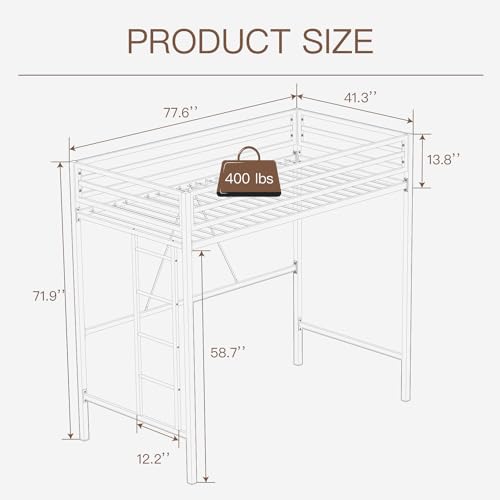 Metal Loft Bed Twin Size with Guardrail and Ladder Cream White V7093