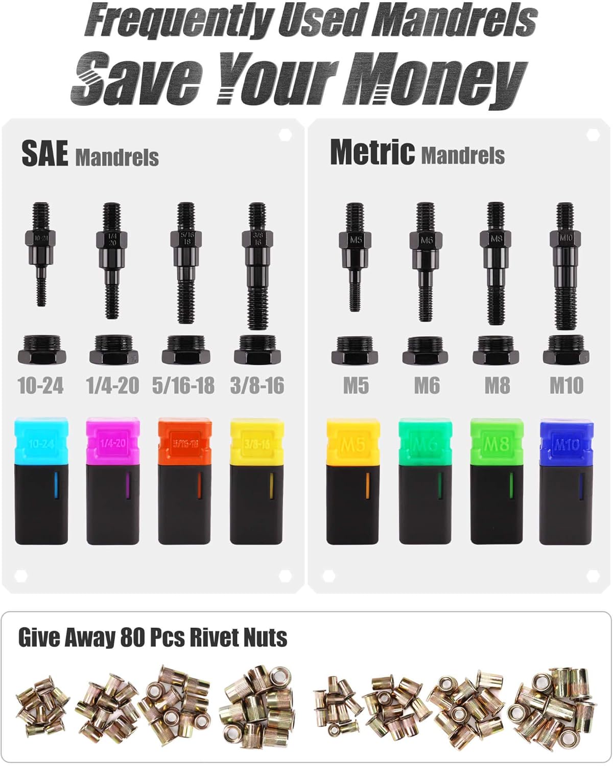 Rivet Nut Tool Set with 8 Mandrels and 80 Rivet Nuts P391