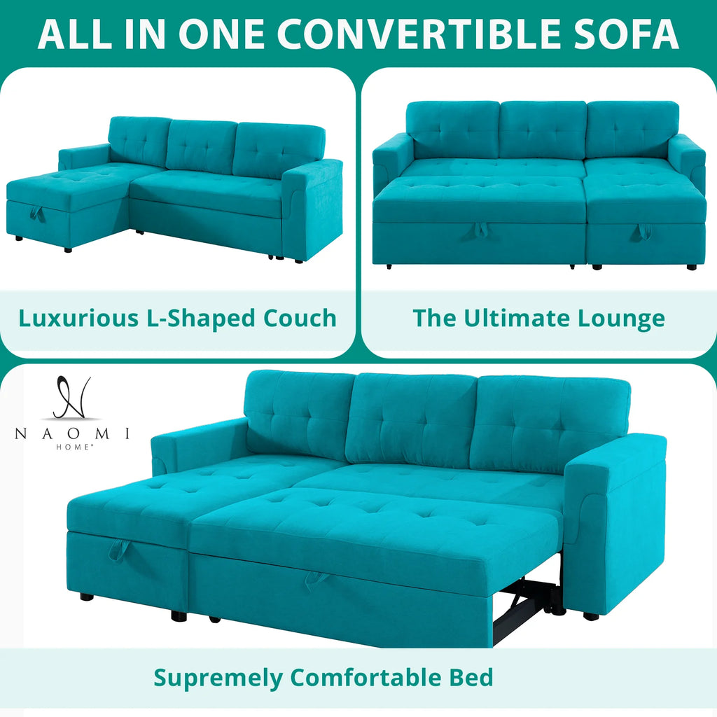 Teal Velvet Reversible Sleeper Sectional Sofa V491