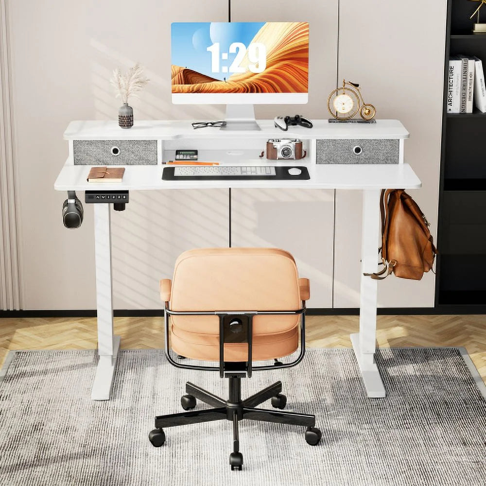 Height Adjustable Electric Standing Desk with Storage Shelf Double Drawer White X824