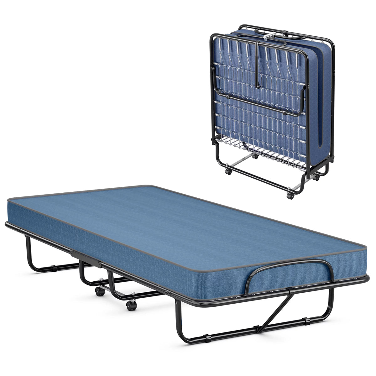 Folding Bed with Mattress Portable Rollaway Guest Cot Memory Foam Navy T4000