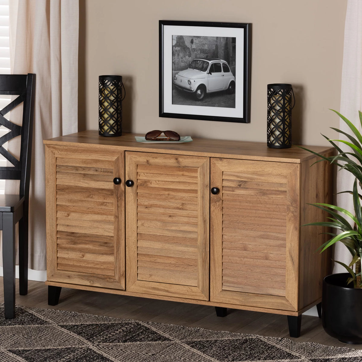 Oak Brown Wood 3-Door Shoe Storage Cabinet F578325