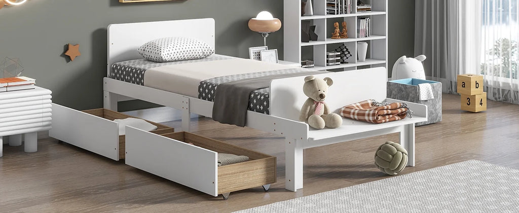White Twin Size Wood Platform Bed Frame with Headboard and Footboard and 2 Storage Drawers Z787550