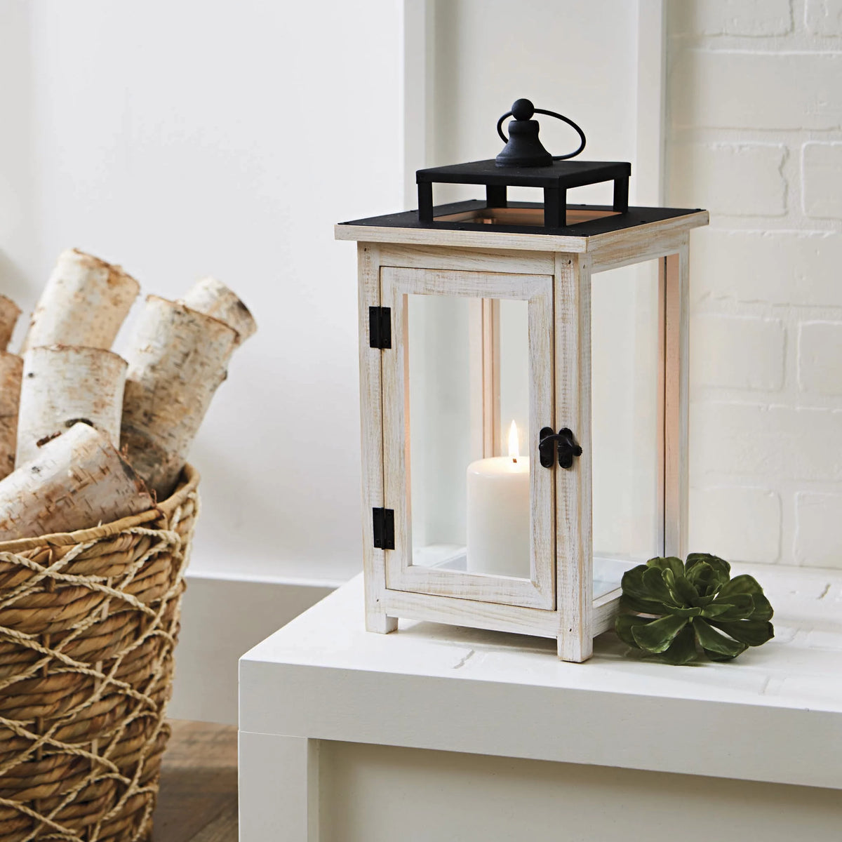 Large White Wood & Metal Decorative Lantern N85563