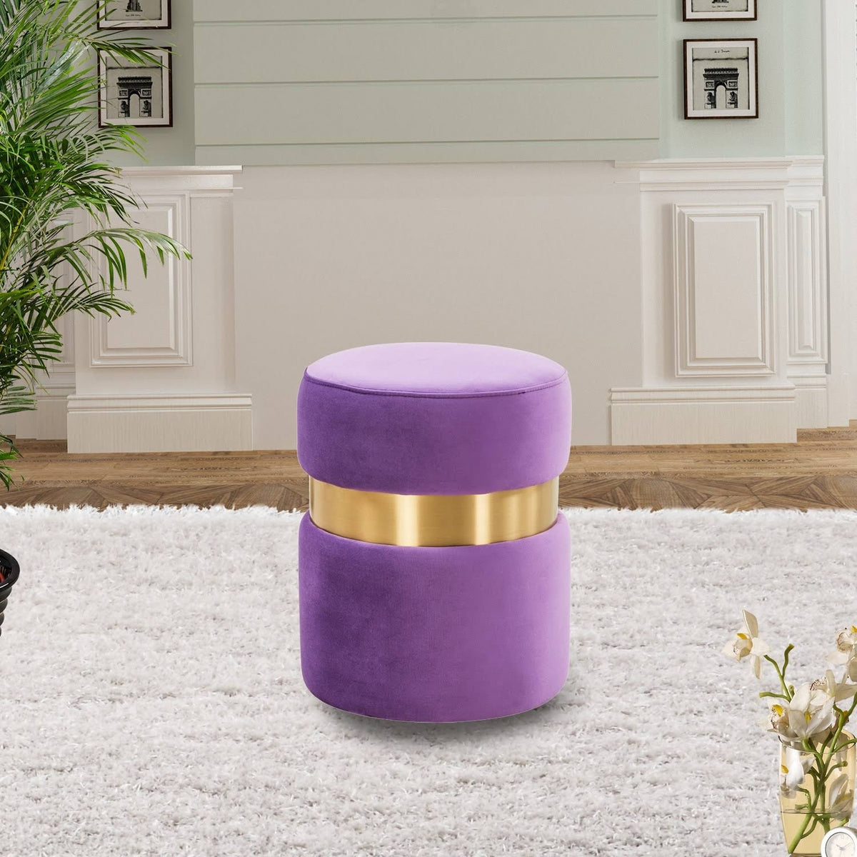 Light Grey Round Velvet Ottoman W2531