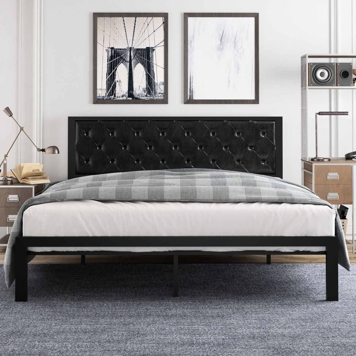 Twin Size Metal Bed Frame with Upholstered Headboard F231