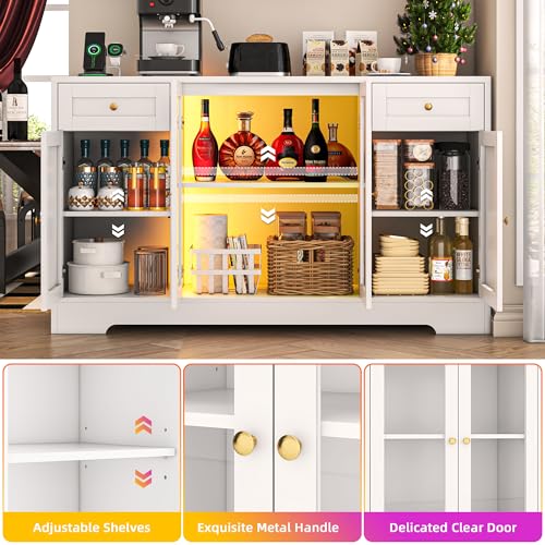 55'' Wood Coffee Bar Cabinet with 4 Doors and Charging Station L595