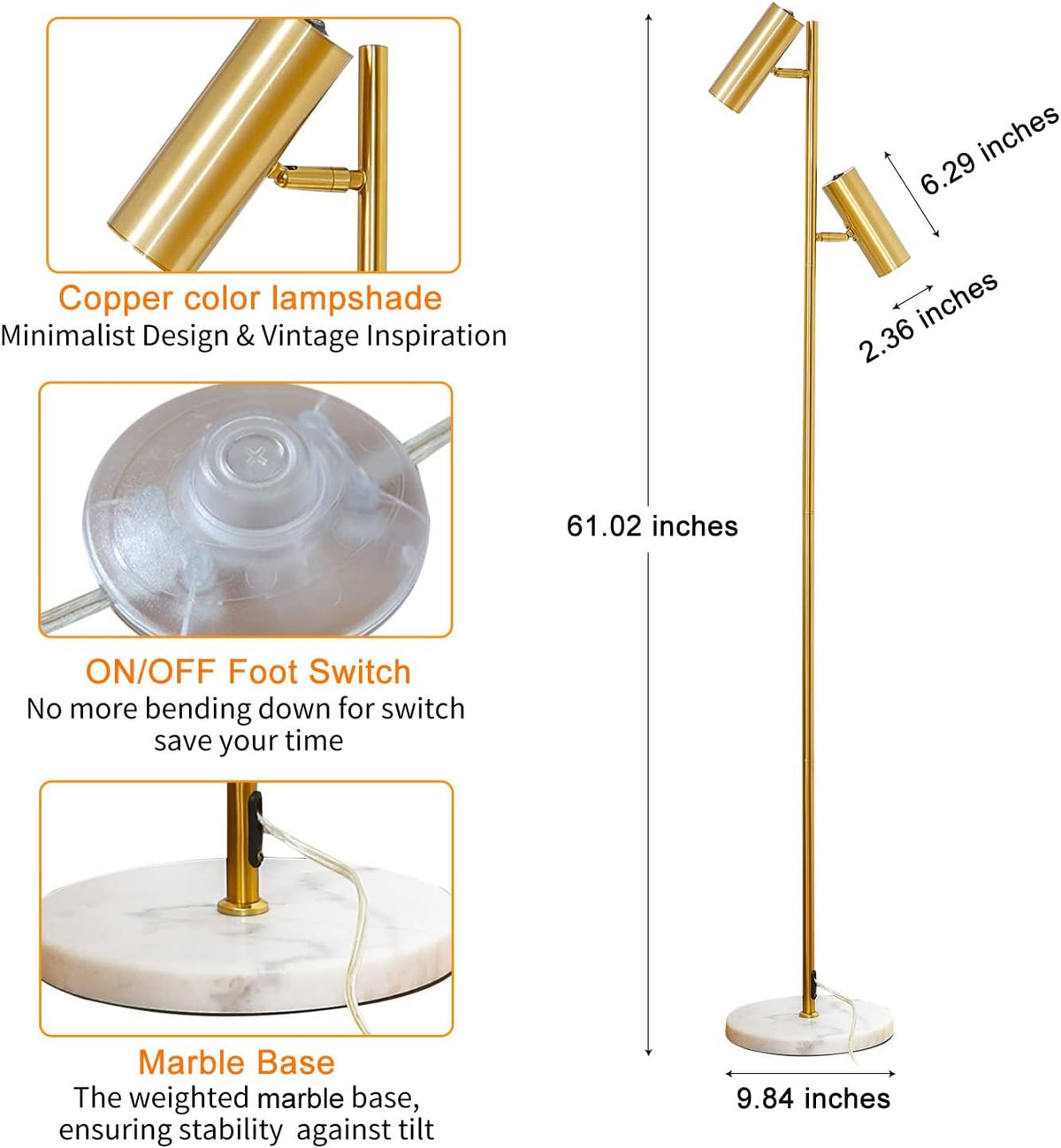 Double Head Floor Lamp with Foot Switch, Brass/Gold Finish E343971