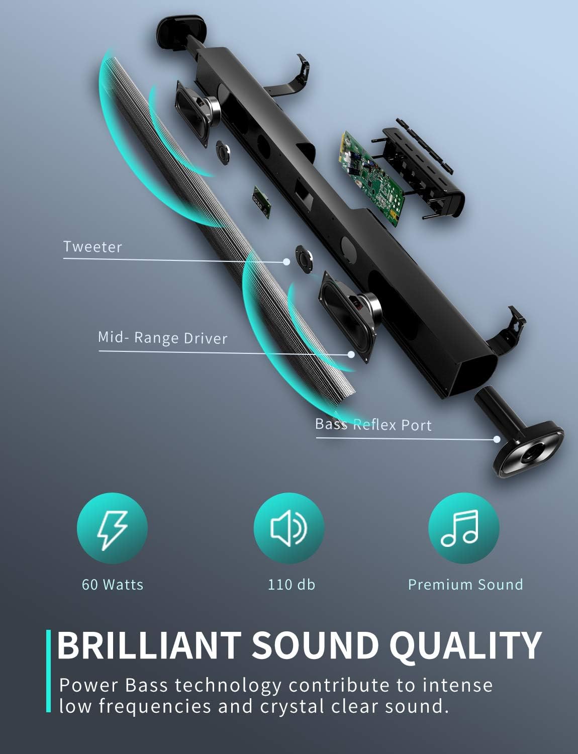 Sound Bar with Built-in Subwoofer, Bluetooth 5.0, HDMI/Optical/Aux/USB T53834