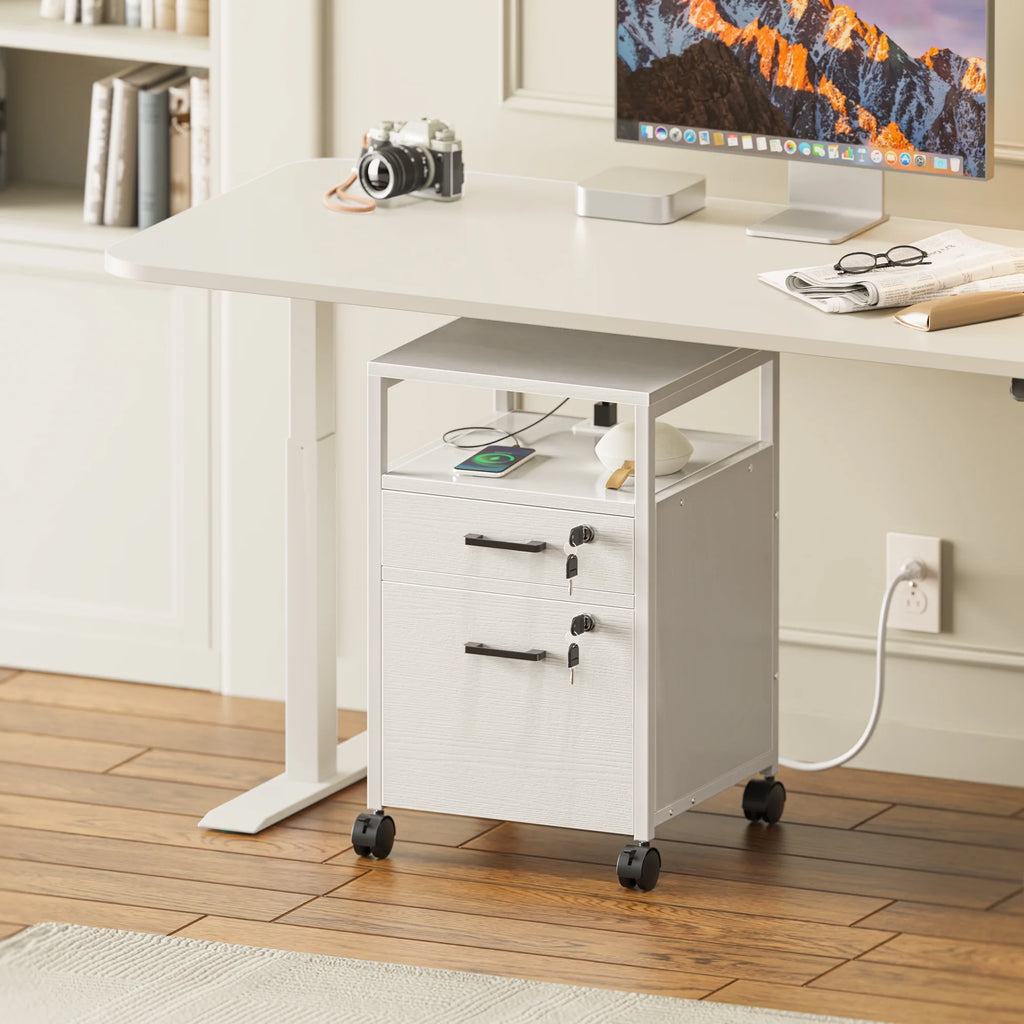 White 2 Drawer Mobile File Cabinet with Lock and Charging Station U911809