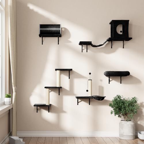 7-in-1 Wall Mounted Cat Climber Set with Cat House, Tunnel, Bridge, Tree, Steps, Scratcher Board and Hammock (Grey) U414
