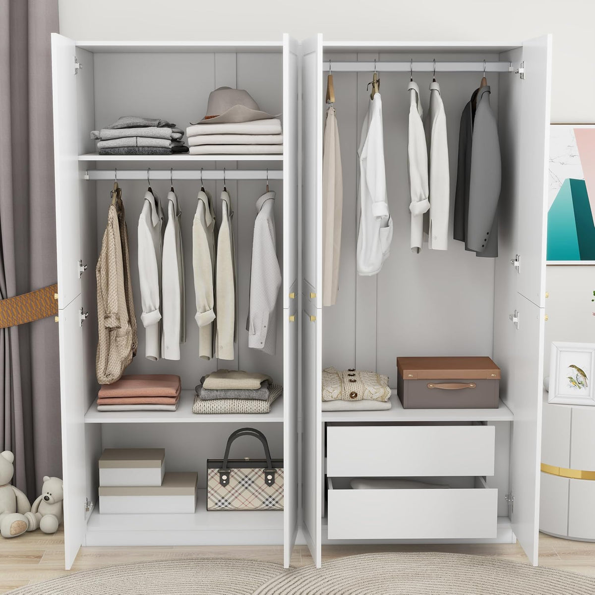 White 4 Door Wood Wardrobe with 2 Drawers B6547