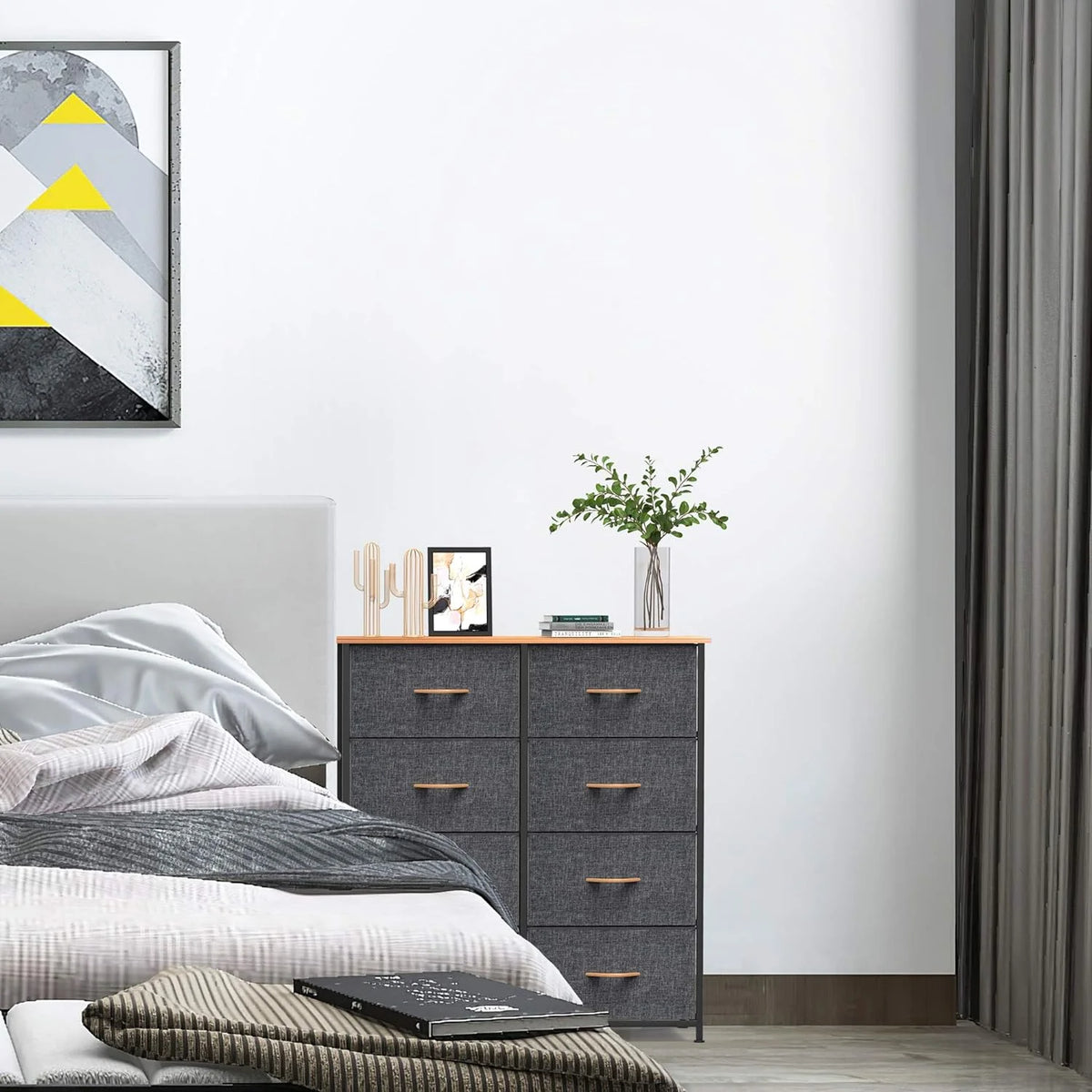 Fabric Dresser with 8 Drawers Steel Frame Wooden Top Dark Gray D4466