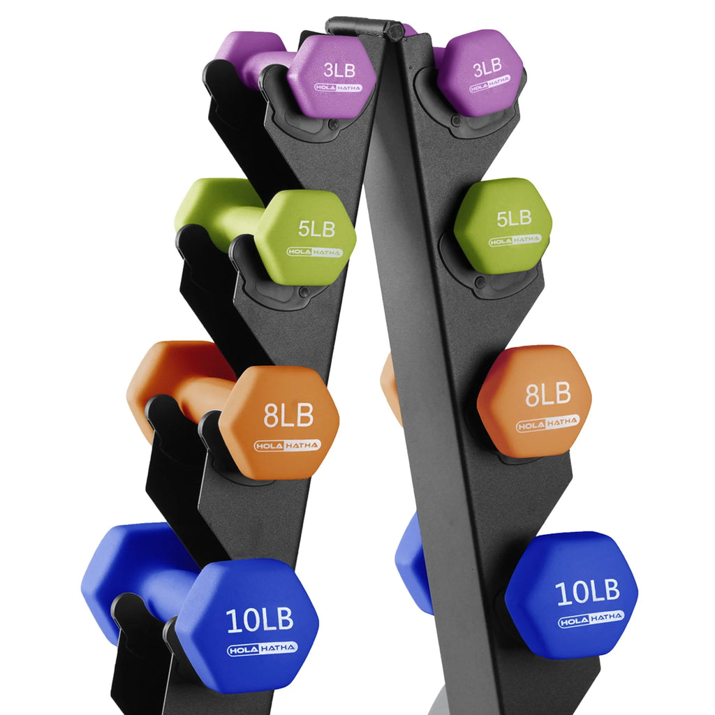 3, 5, 8, 10, & 12 lb Neoprene Hexagon Dumbbell Weight Set with Stand P583142