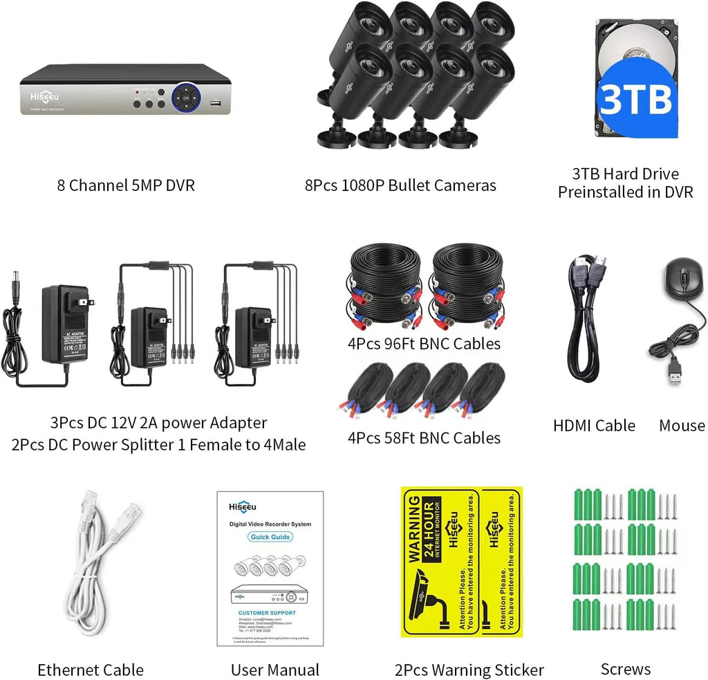 5MP 8Channel Security Camera System, 8Pcs 1080P Wired Outdoor Cameras with Night Vision, 3TB HDD W99263