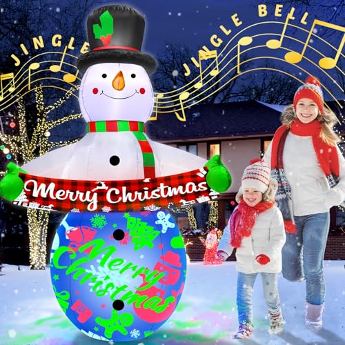 7FT Christmas Inflatables Snowman with Built-in Music & 360° Rotation Colorful Projector LED Light B220470