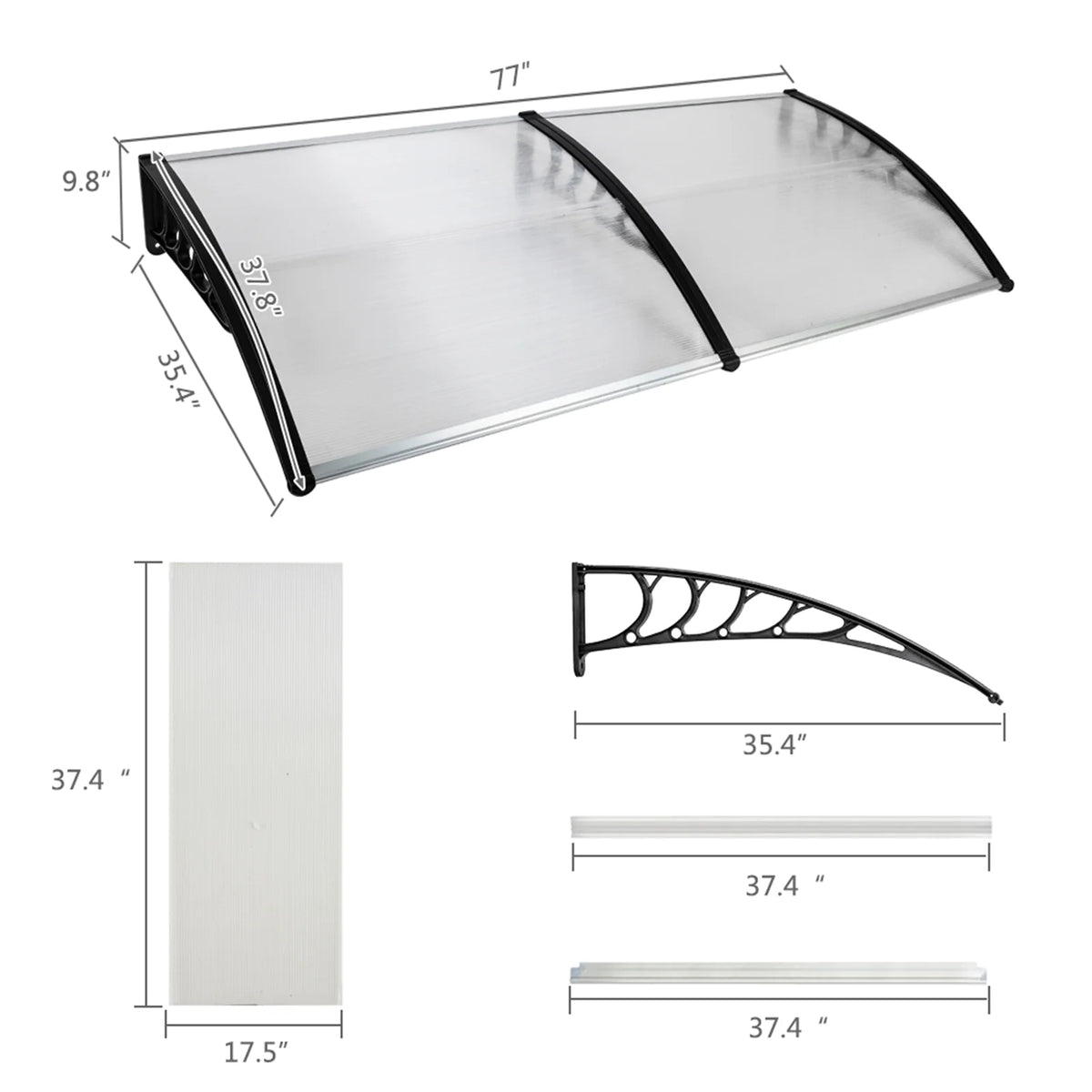 200 x 100 Clear Polycarbonate Rain Cover Eaves with Black ABS Bracket A6950