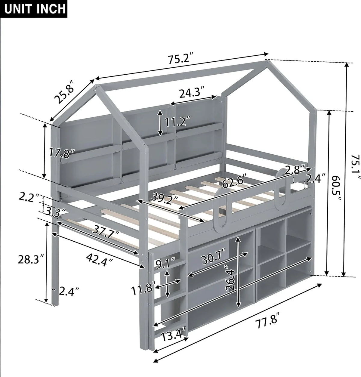 Grey Wood Loft Bed Frame with Storage Shelves L883624