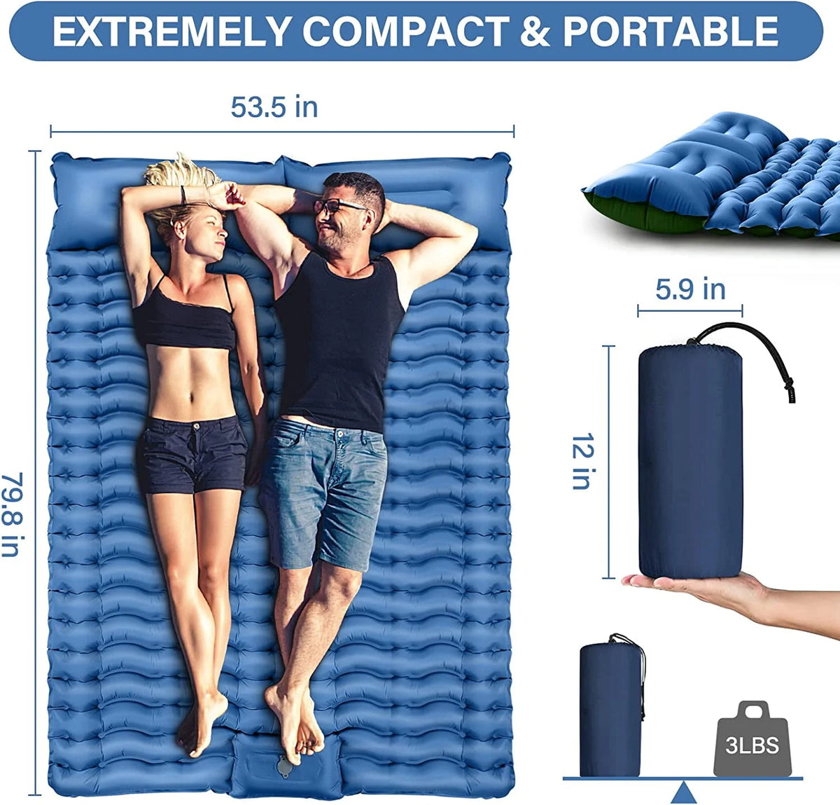 Double Camping Sleeping Pad 4 Extra-Thick 2 Person with Pillow Inflatable Mat O364770
