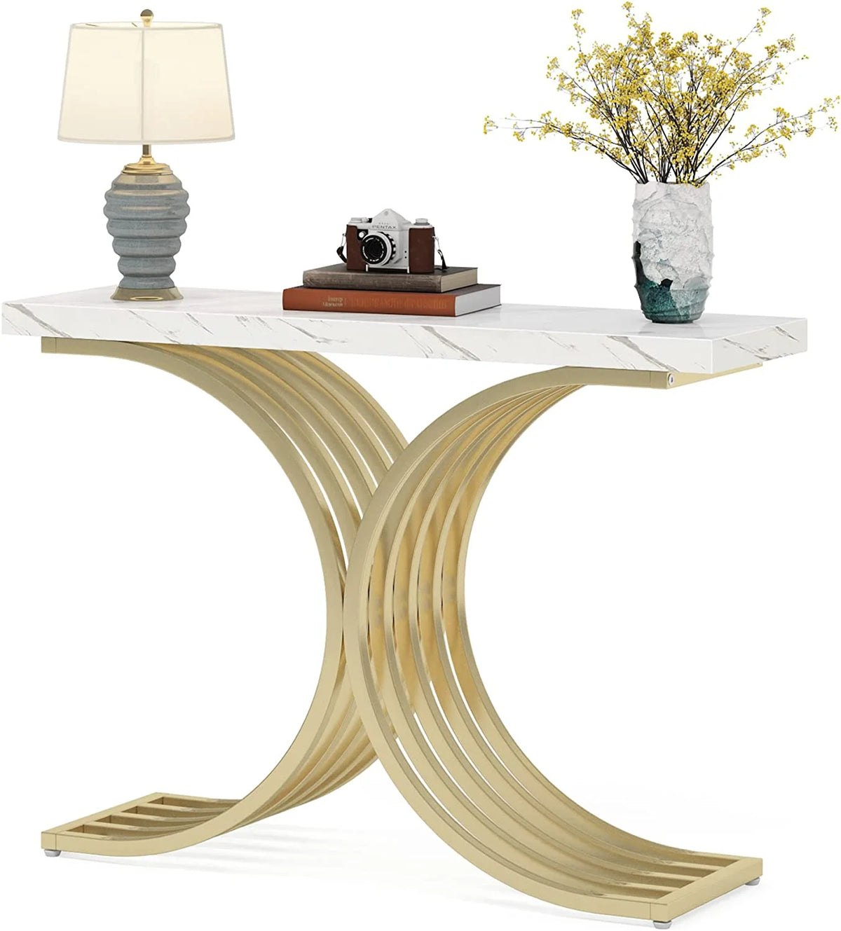 Console Table with Gold Metal Base and Faux Marble Z43819