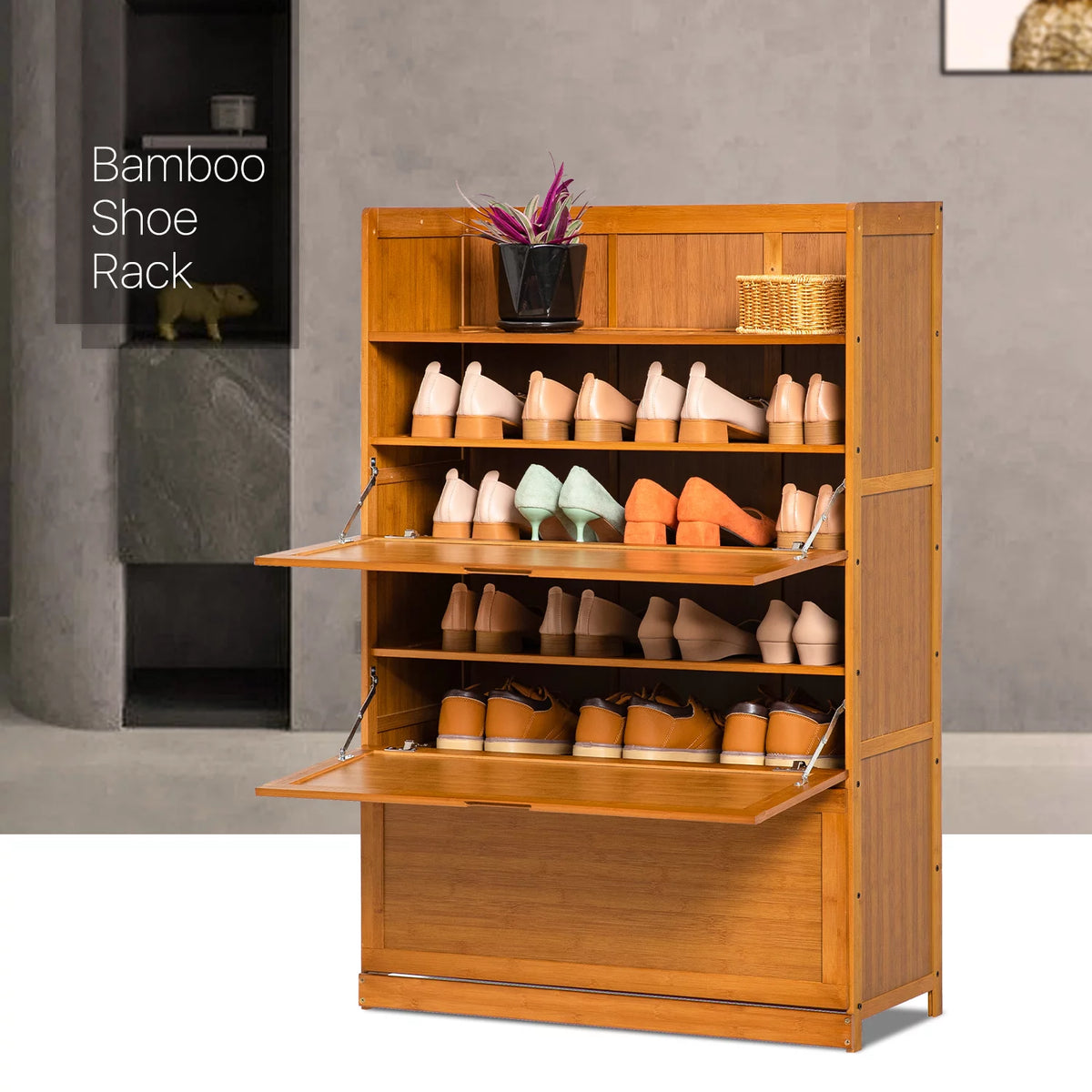 Bamboo 7 Tier 24 Pairs Shoe Organizer Rack Cabinet, Brown D34922