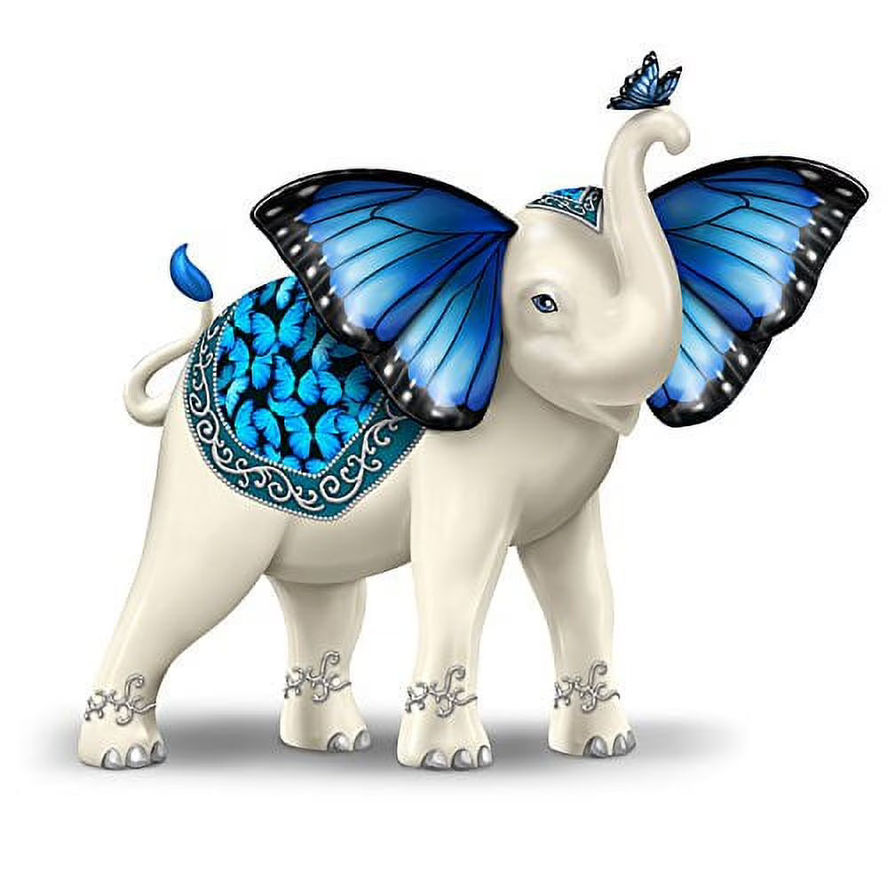 Blue Morpho Butterfly and Elephant Hand-Painted Figurine J5269