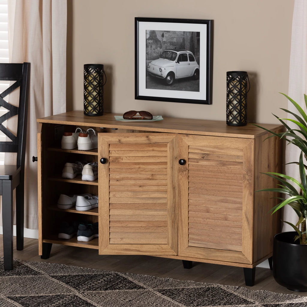 Oak Brown Wood 3-Door Shoe Storage Cabinet F578325