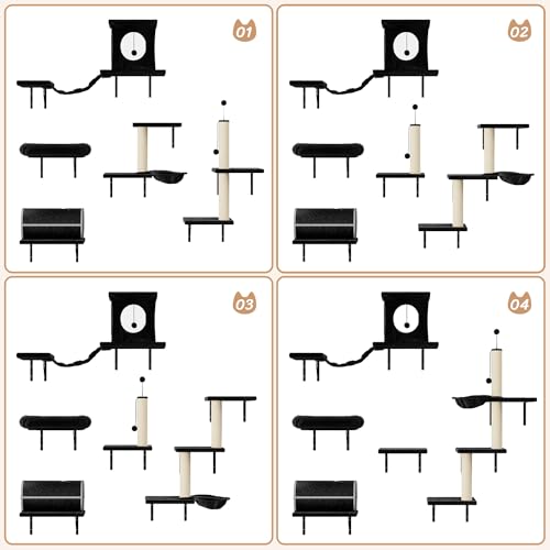 7-in-1 Wall Mounted Cat Climber Set with Cat House, Tunnel, Bridge, Tree, Steps, Scratcher Board and Hammock (Grey) U414