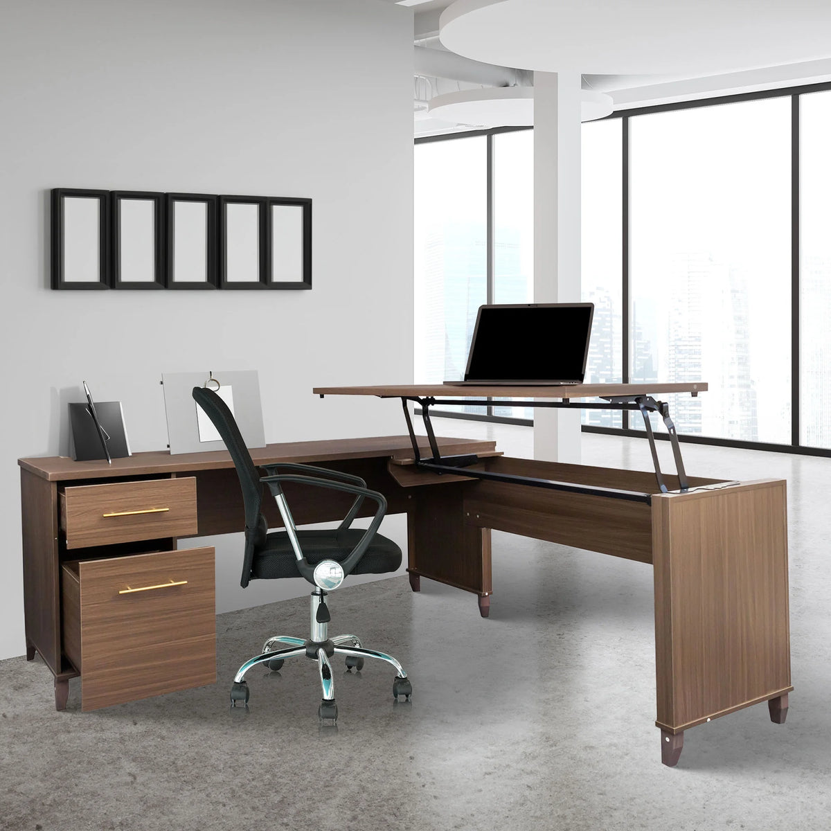 Adjustable L-Shaped Desk with File Cabinet H40551