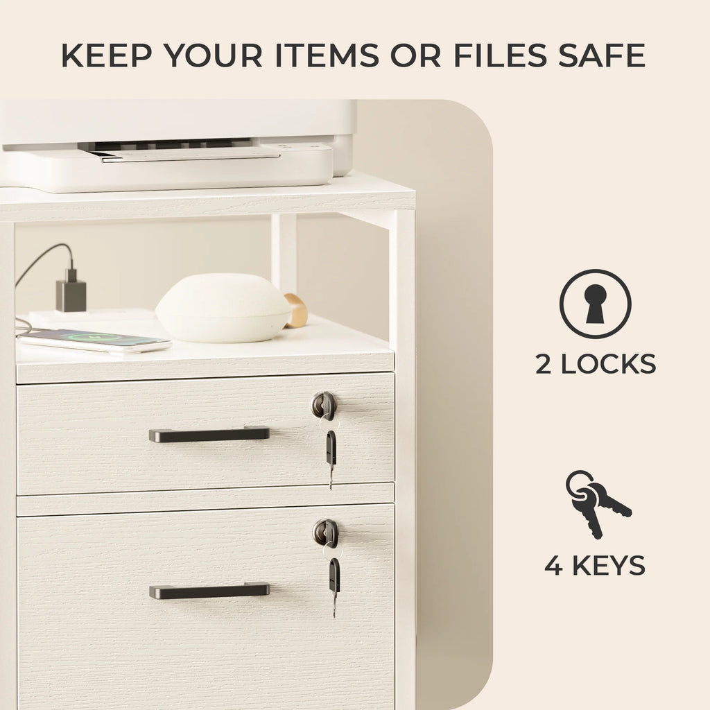 White 2 Drawer Mobile File Cabinet with Lock and Charging Station U911809