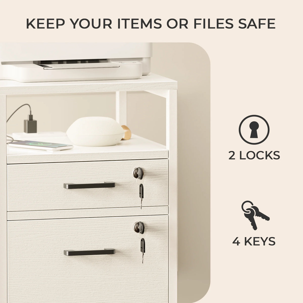 White 2 Drawer Mobile File Cabinet with Lock and Charging Station U911809