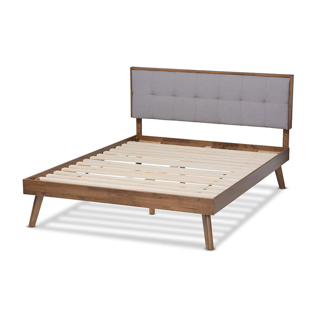 Light Grey Fabric Upholstered Walnut Brown Wood Queen Size Platform Bed B95644