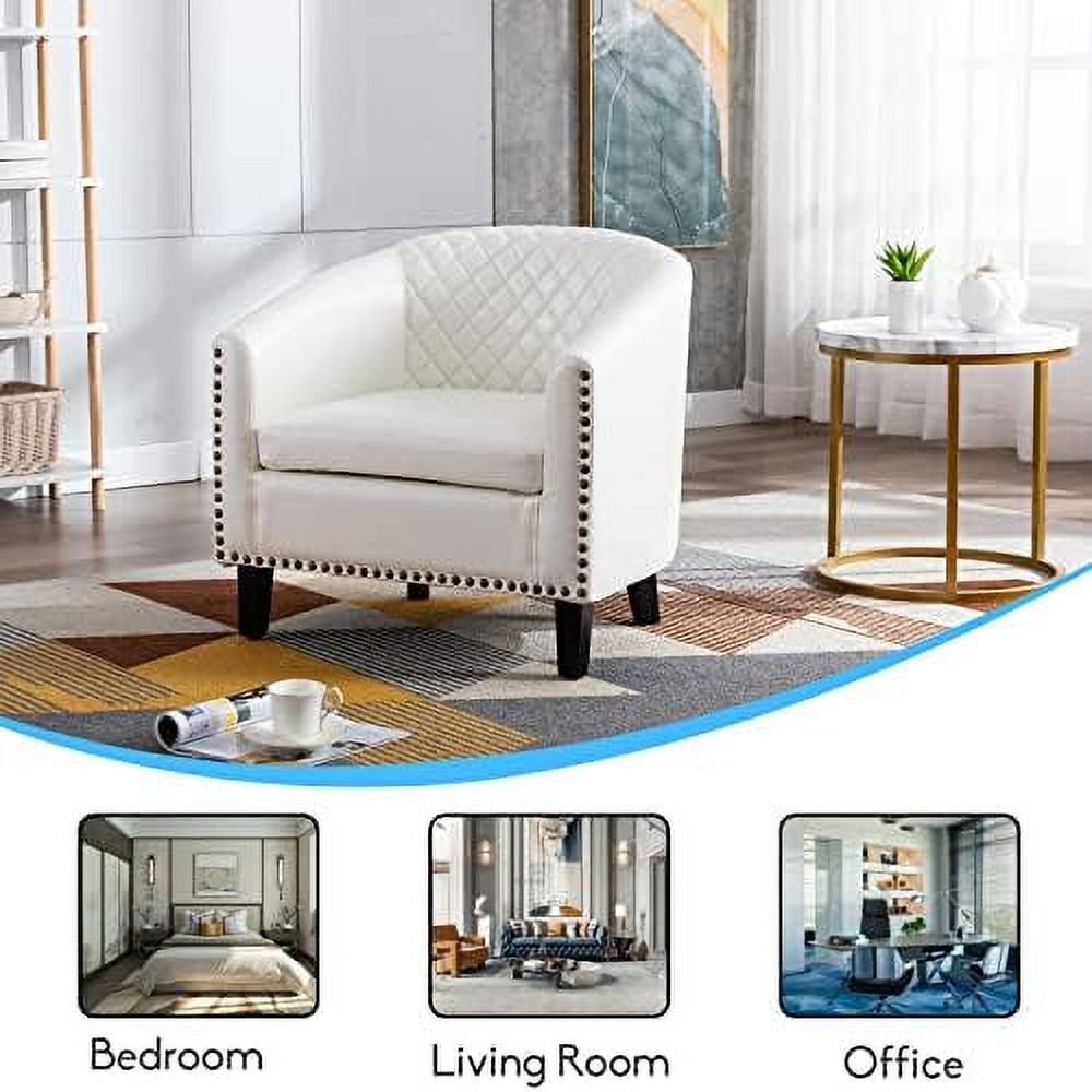 White Faux Leather Barrel Club Chair with Solid Wood Legs Q8621