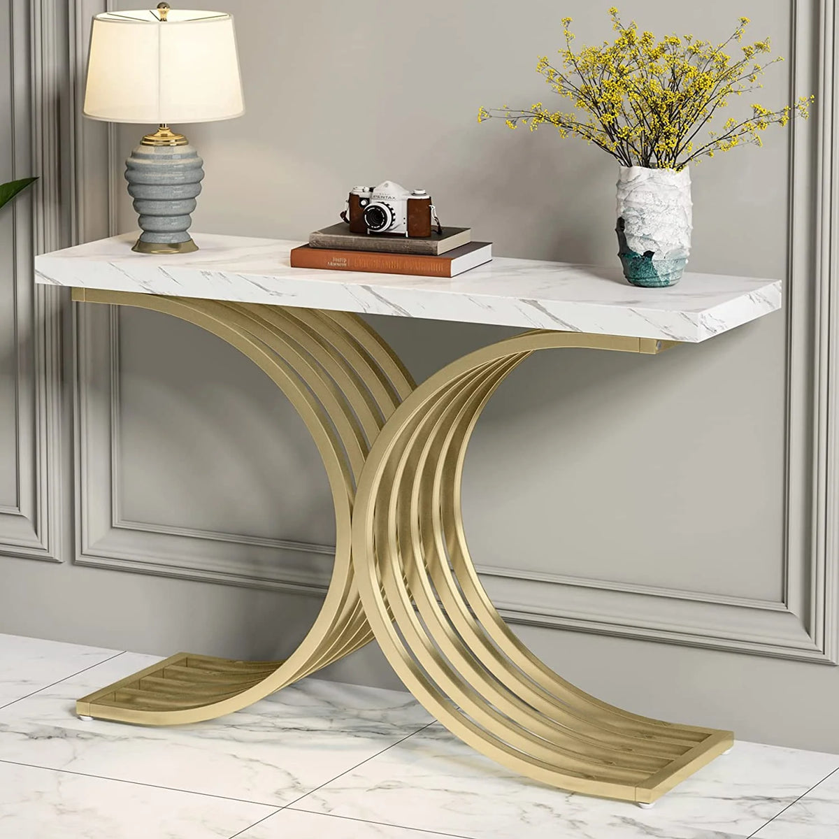 Console Table with Gold Metal Base and Faux Marble Z43819