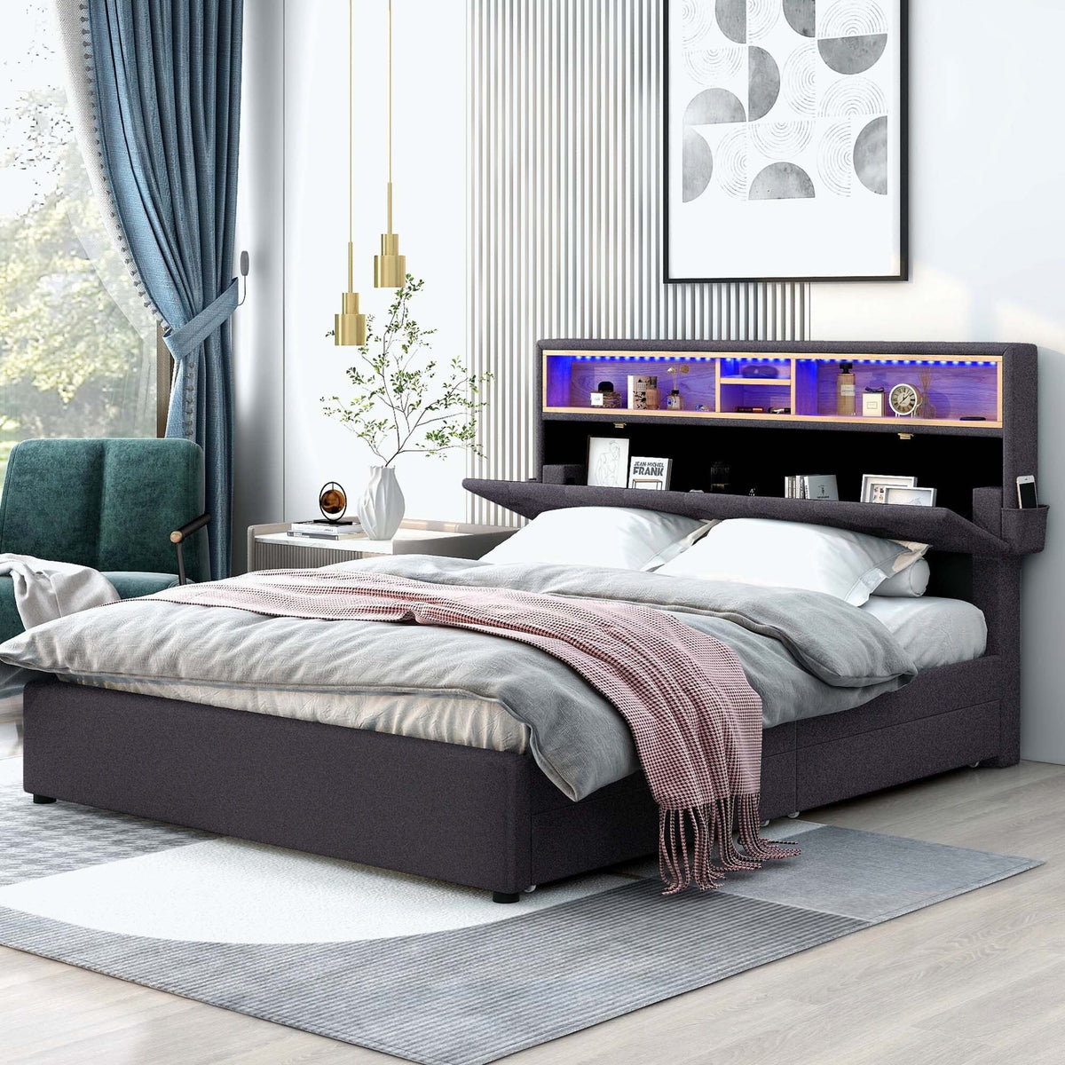 Upholstered Platform Bed with Storage Headboard and 2 Drawers X14149