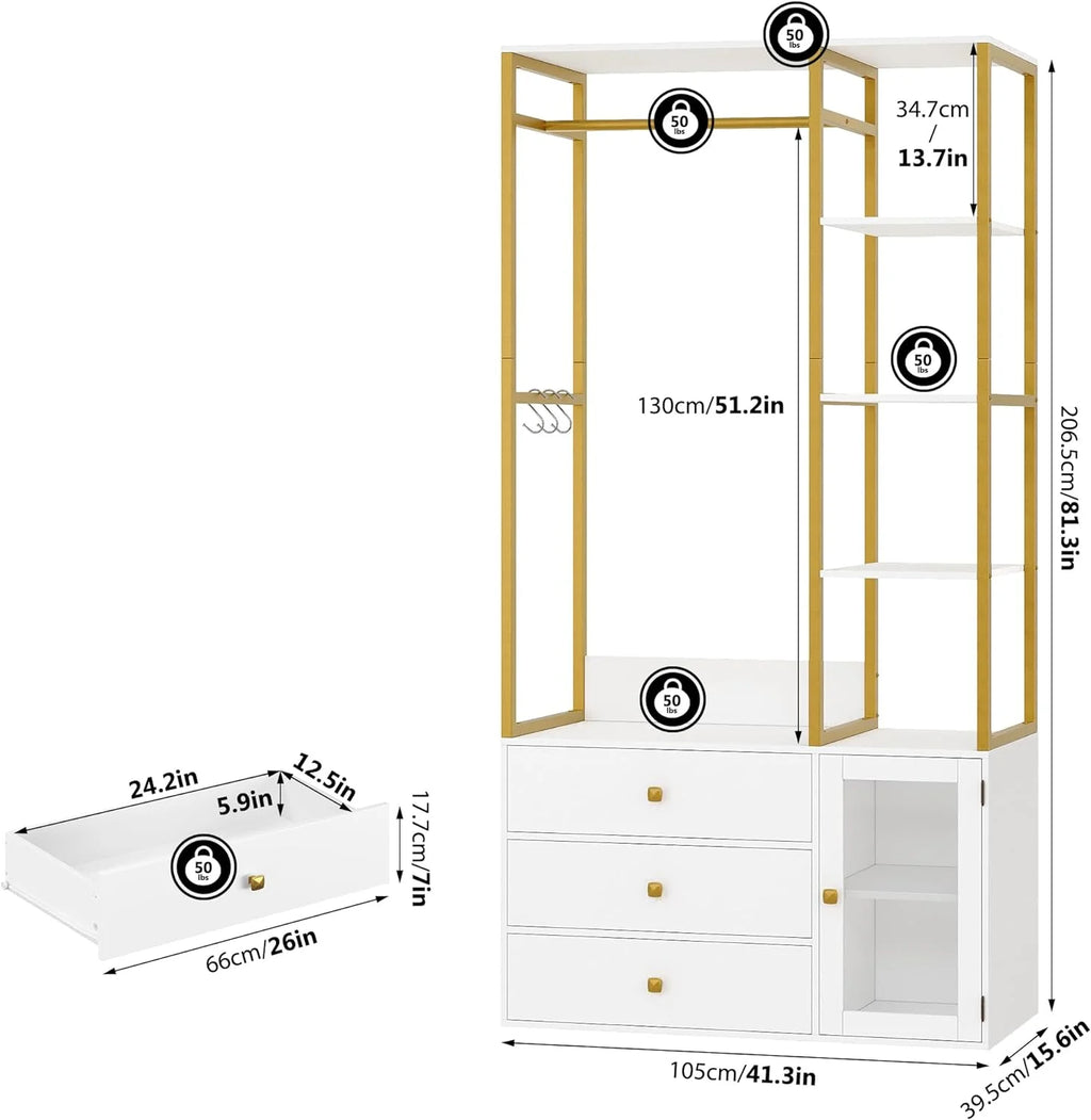 81.2" White Freestanding Closet Organizer with 3 Drawers and Shelves D7832
