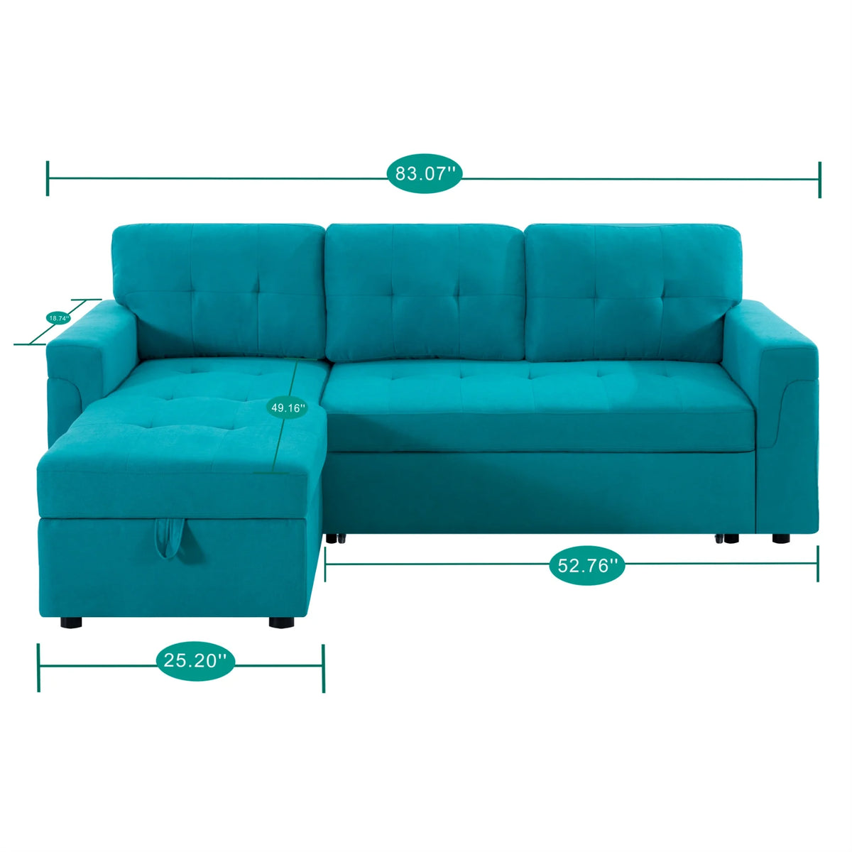 Teal Velvet Reversible Sleeper Sectional Sofa V491