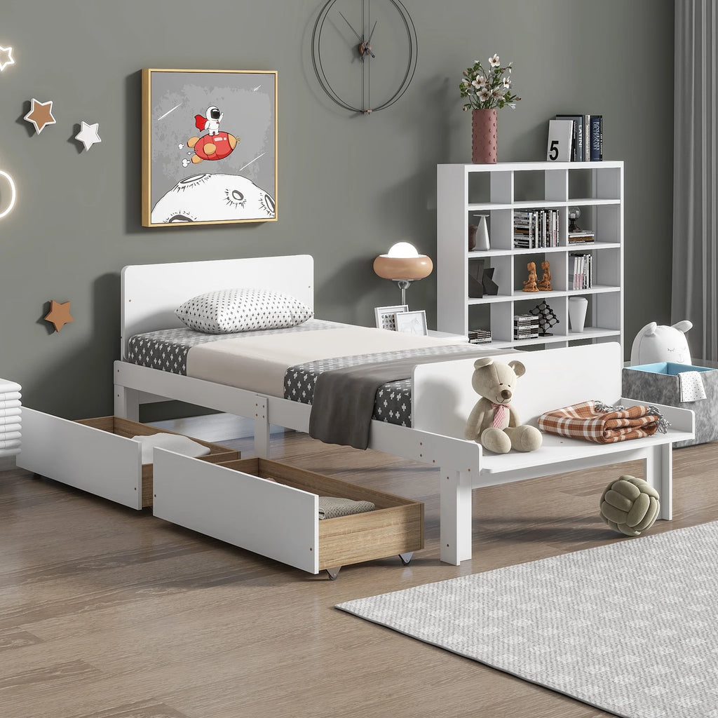 White Twin Size Wood Platform Bed Frame with Headboard and Footboard and 2 Storage Drawers Z787550