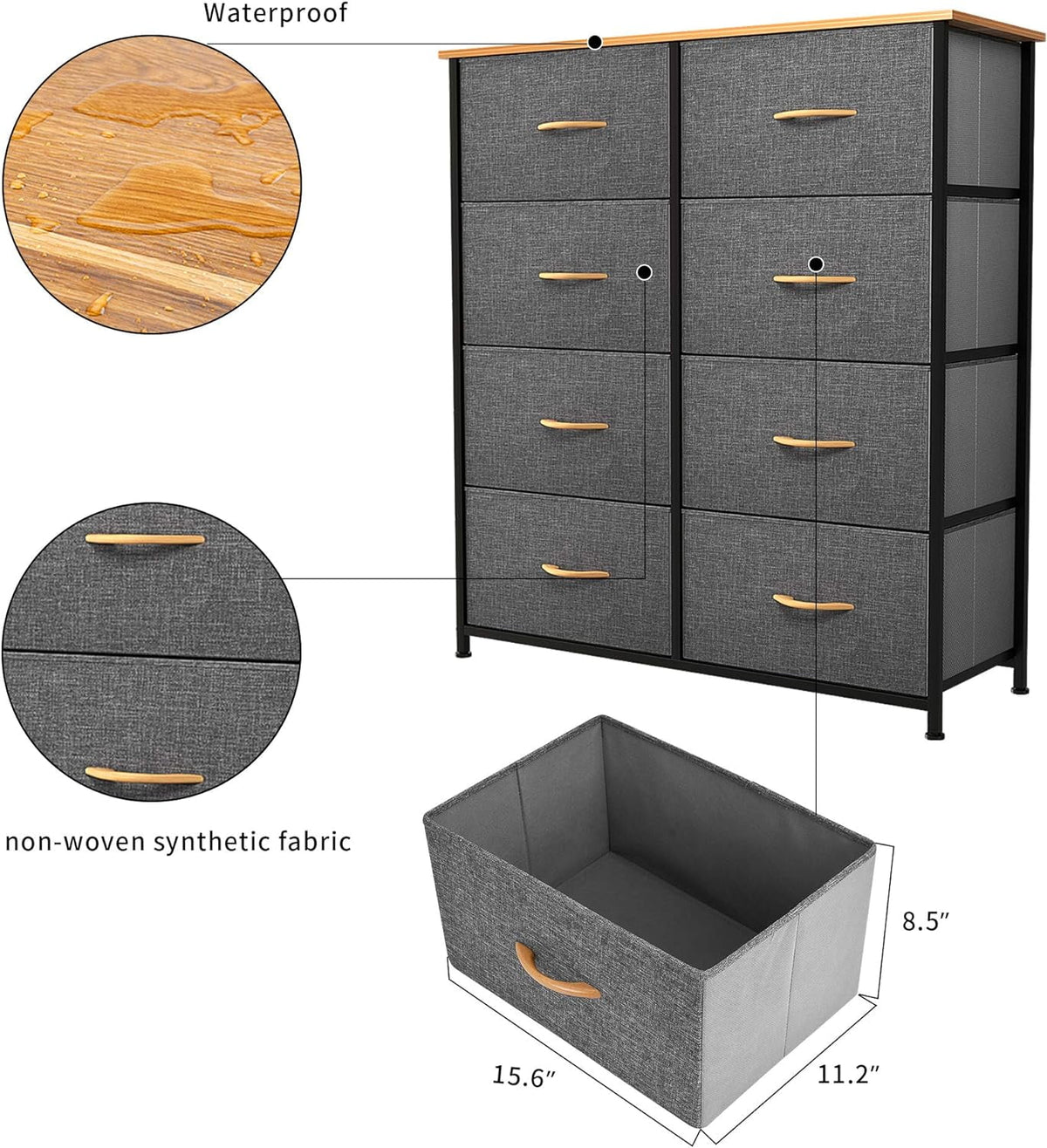 Fabric Dresser with 8 Drawers Steel Frame Wooden Top Dark Gray D4466