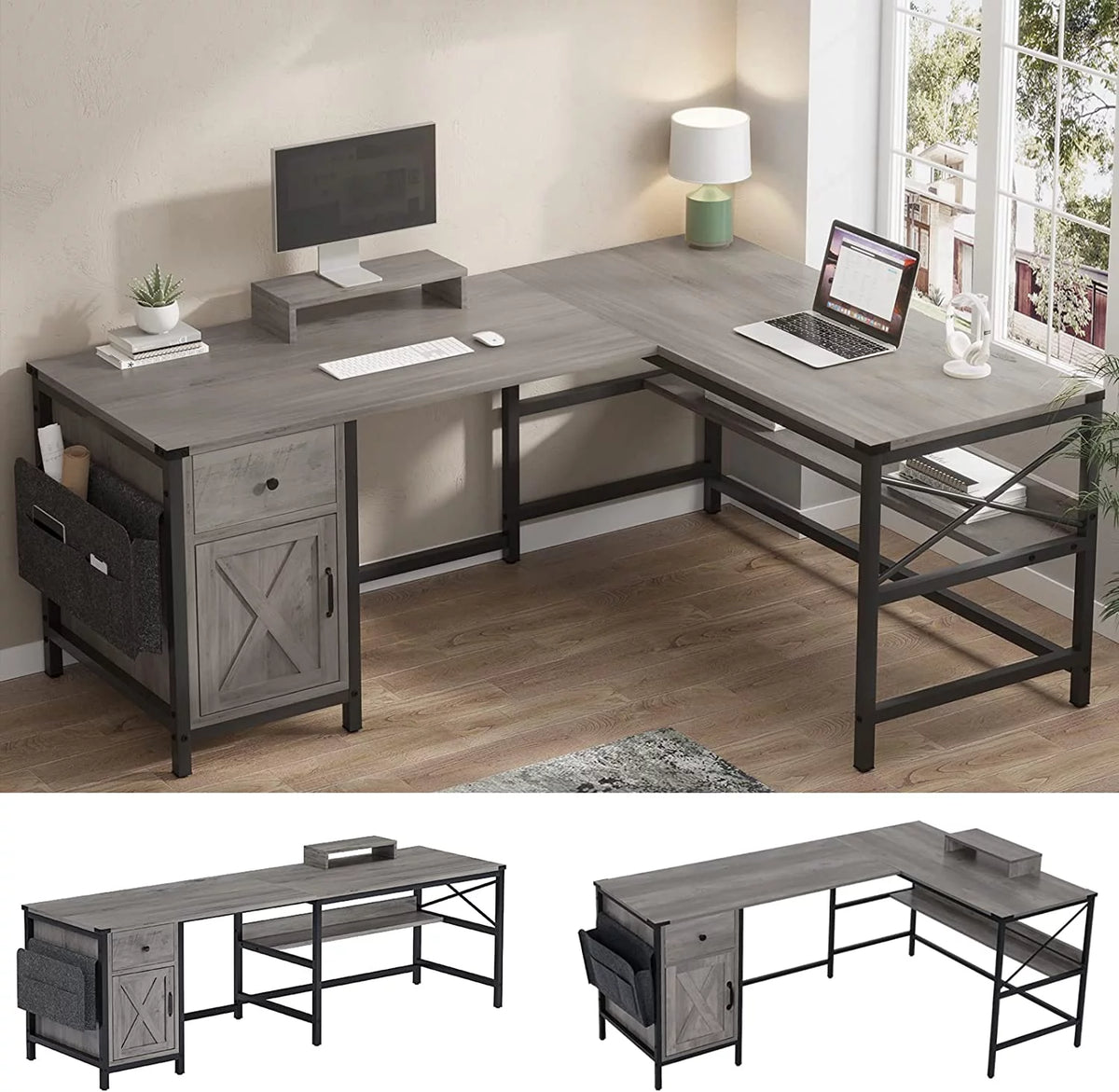 L Shaped Office Desk with Drawer and Storage Cabinet W20914