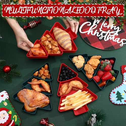 6 Pcs Christmas Tree Shape Serving Tray Platter Red and Green Plastic 3 Grids Dishes with Bag and Ribbon Y142