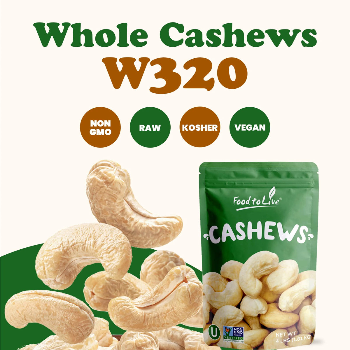 Whole Cashews W320 8 Pounds Raw S1362