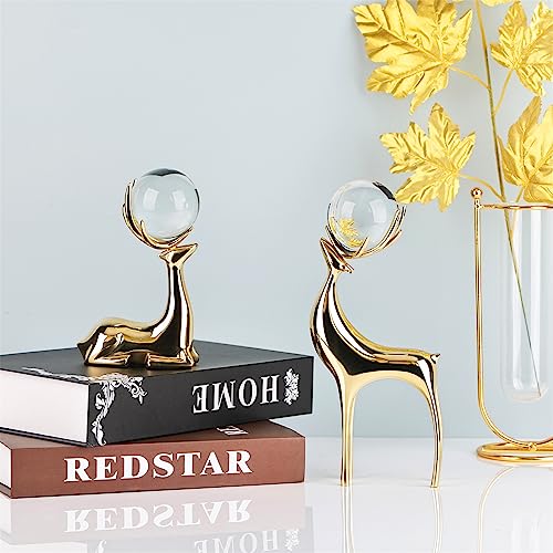Crystal Ball Reindeer Figurine Statues Set of 2 Copper Reindeer Ornaments U473