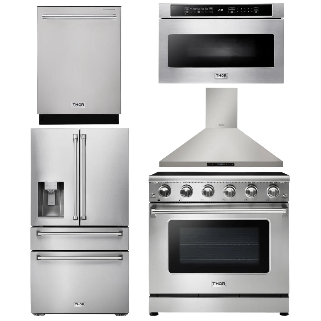 36 Electric Range, Range Hood, Microwave, Refrigerator with Water and Ice Dispenser, Dishwasher N6832
