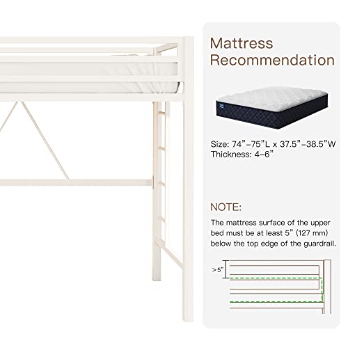 Metal Loft Bed Twin Size with Guardrail and Ladder Cream White V7093