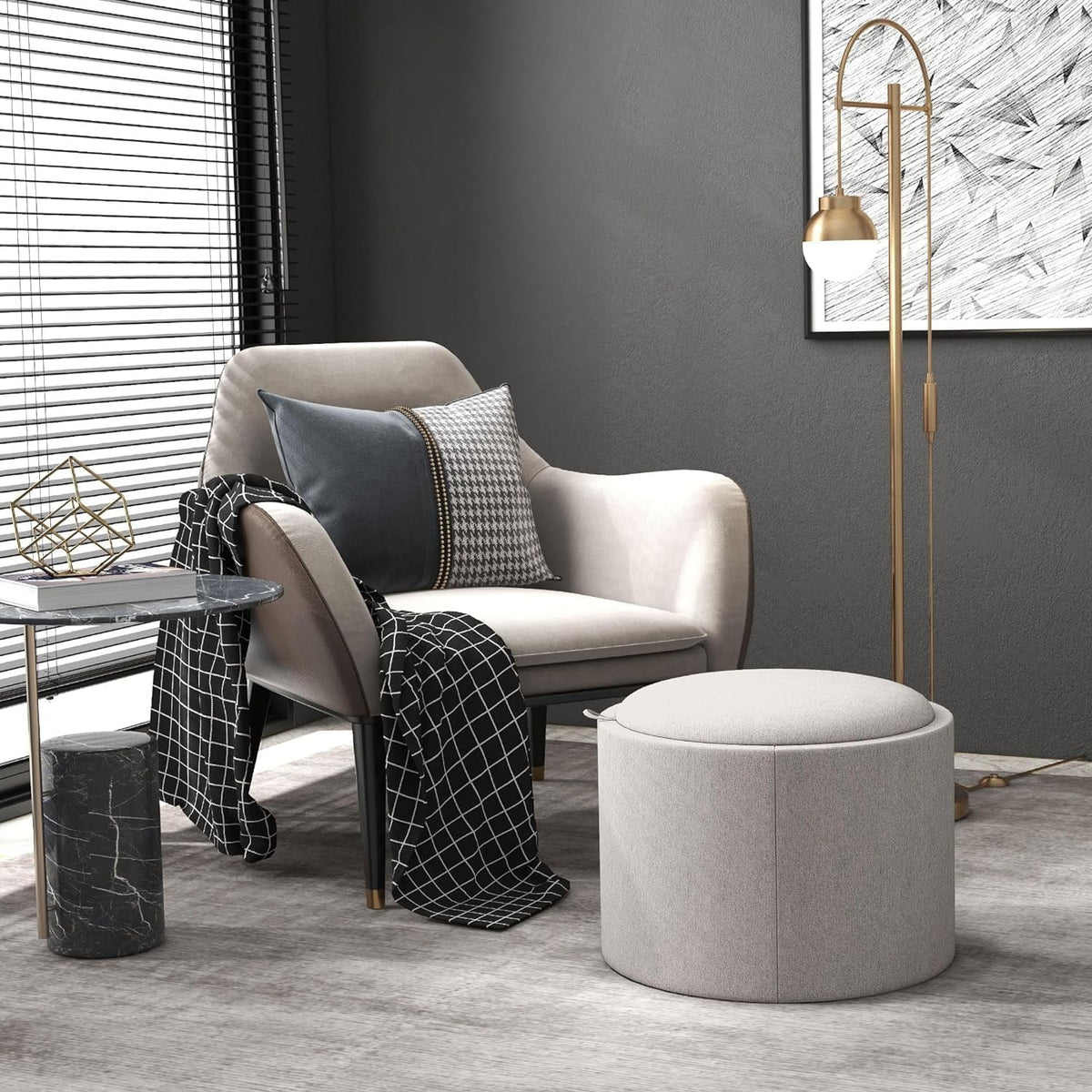 Round Storage Ottoman with Flip Top Tray Y8898