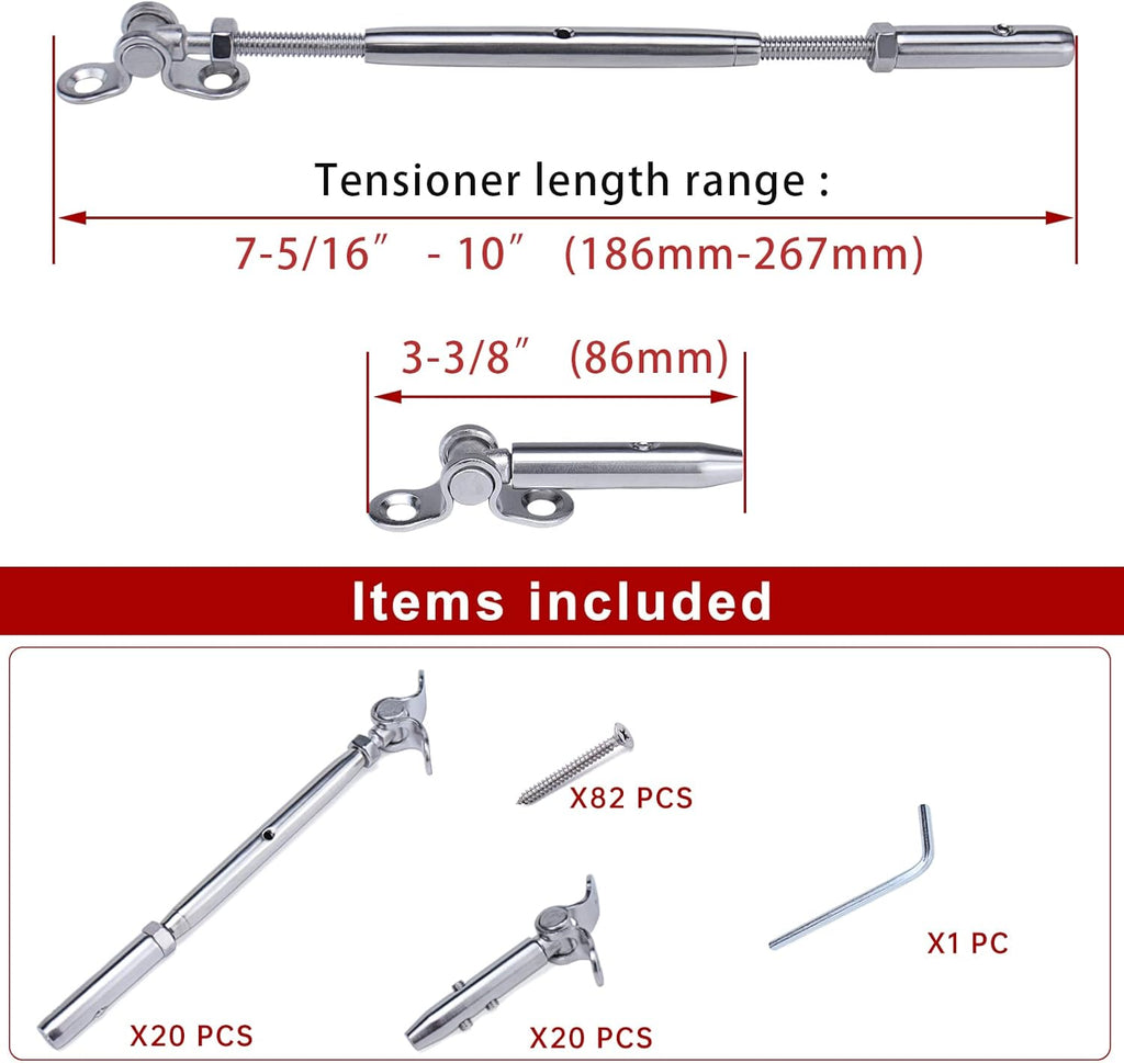 20 Set Swageless Cable Railing Kit 1/8 T316 Stainless Steel Hardware C75766
